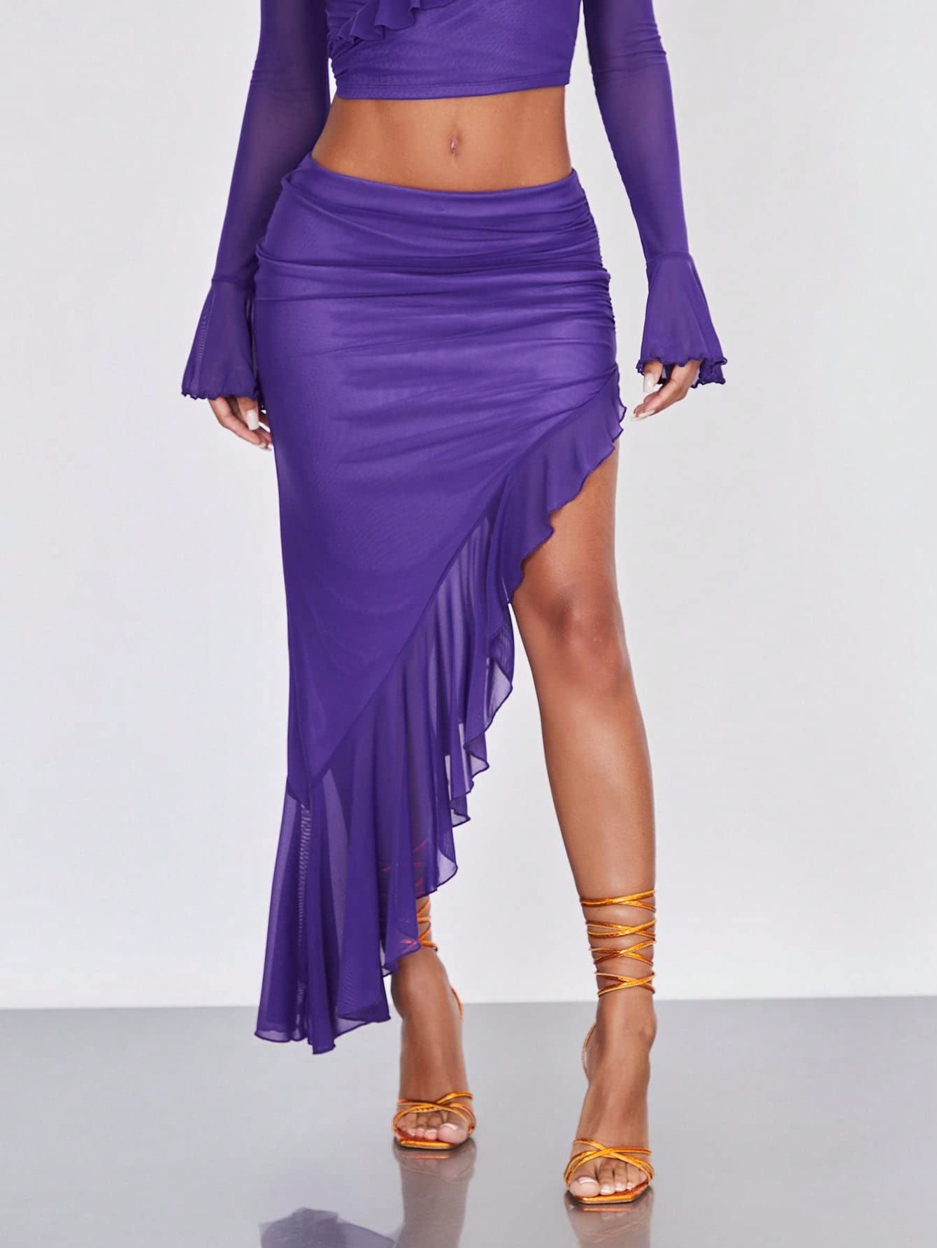 Women's Ruffle Thigh Slit Bodycon Skirt Rave Club Ruched Asymmetrical Skirts