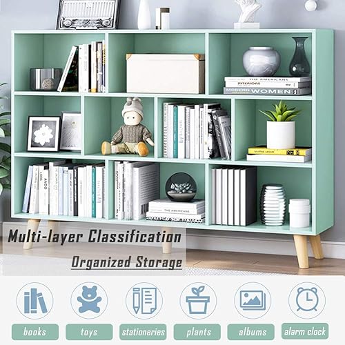 Miniatura 117 de IOTXY - Estantería baja, organizador de madera, 3 niveles con base, estantería horizontal, 10 cubos, color blanco cálido Blanco cálido,Azul