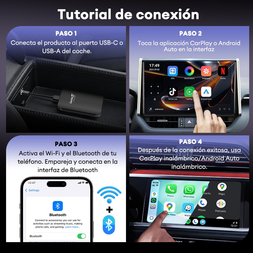 Carlinkit CP2A Pro Adaptador inalámbrico CarPlay - Compatible con Netflix/YouTube/TikTok Lite Streaming para coches CarPlay con cable de fábrica, Android Auto inalámbrico y dongle de juego de coche