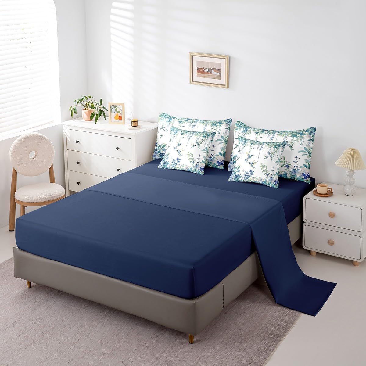 Erosebridal Birds Vine Queen Comforter Set 7-Piece, Boho Leaves Petals Bedding Accessories, Blue Watercolor Flowers Bed in a Bag, Field Floral Garden Bed Sheets Set for Women Teens