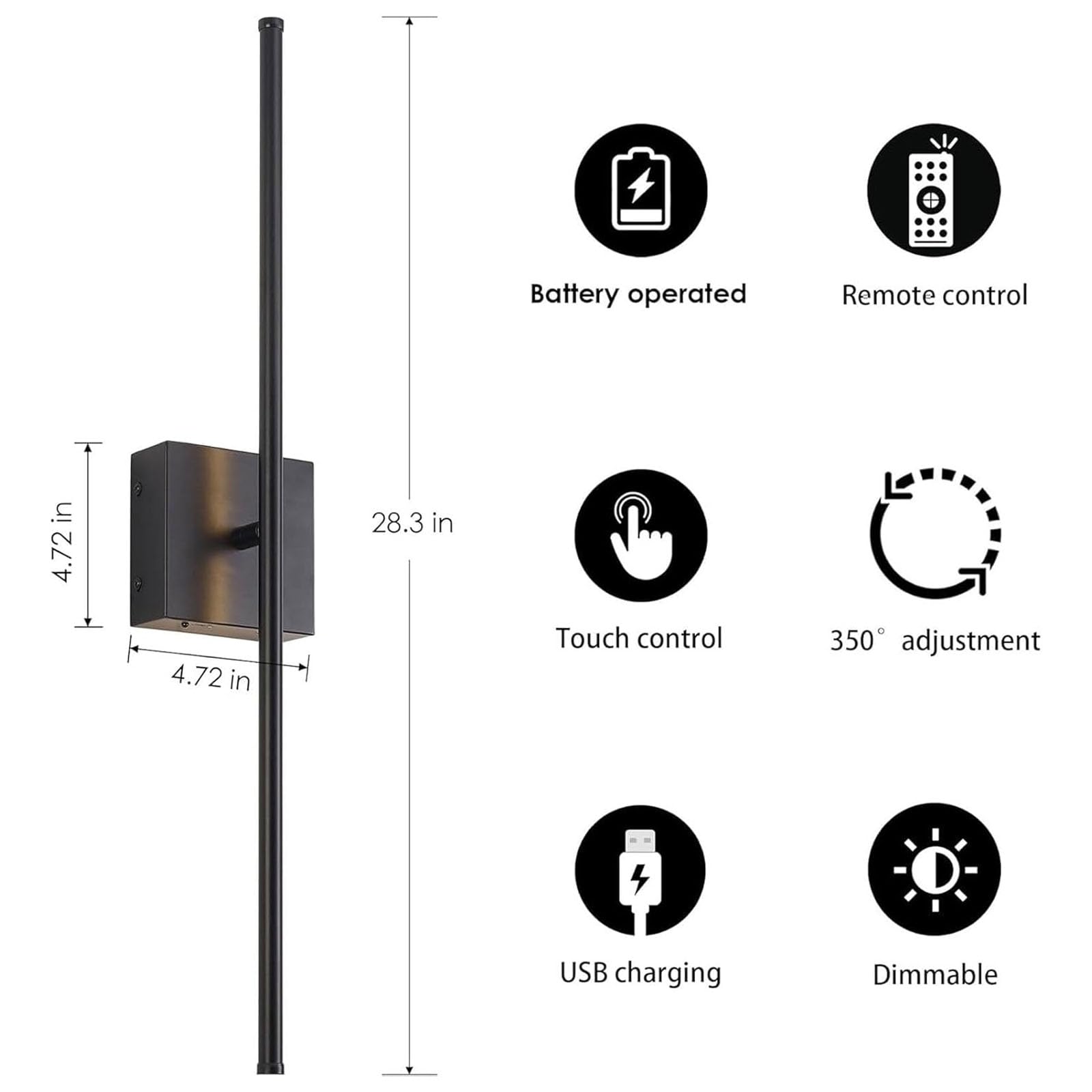 Applique da parete ricaricabili tramite USB, luci a batteria per interni, lampade LED wireless dimmerabili con telecomando e rotazione, moderne per soggiorno e camera da letto (Dimensioni: 72 cm, Col