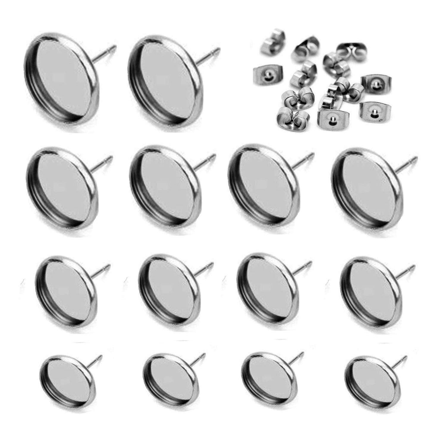 Vivian 50pcs(25pairs) Stainless Steel Stud Earring Cabochon Setting Flat Round Bezel Ear Studs Posts Blank Tray Base for DIY Earring Making, Tray: 6mm; Pin: 1mm, Silver Color