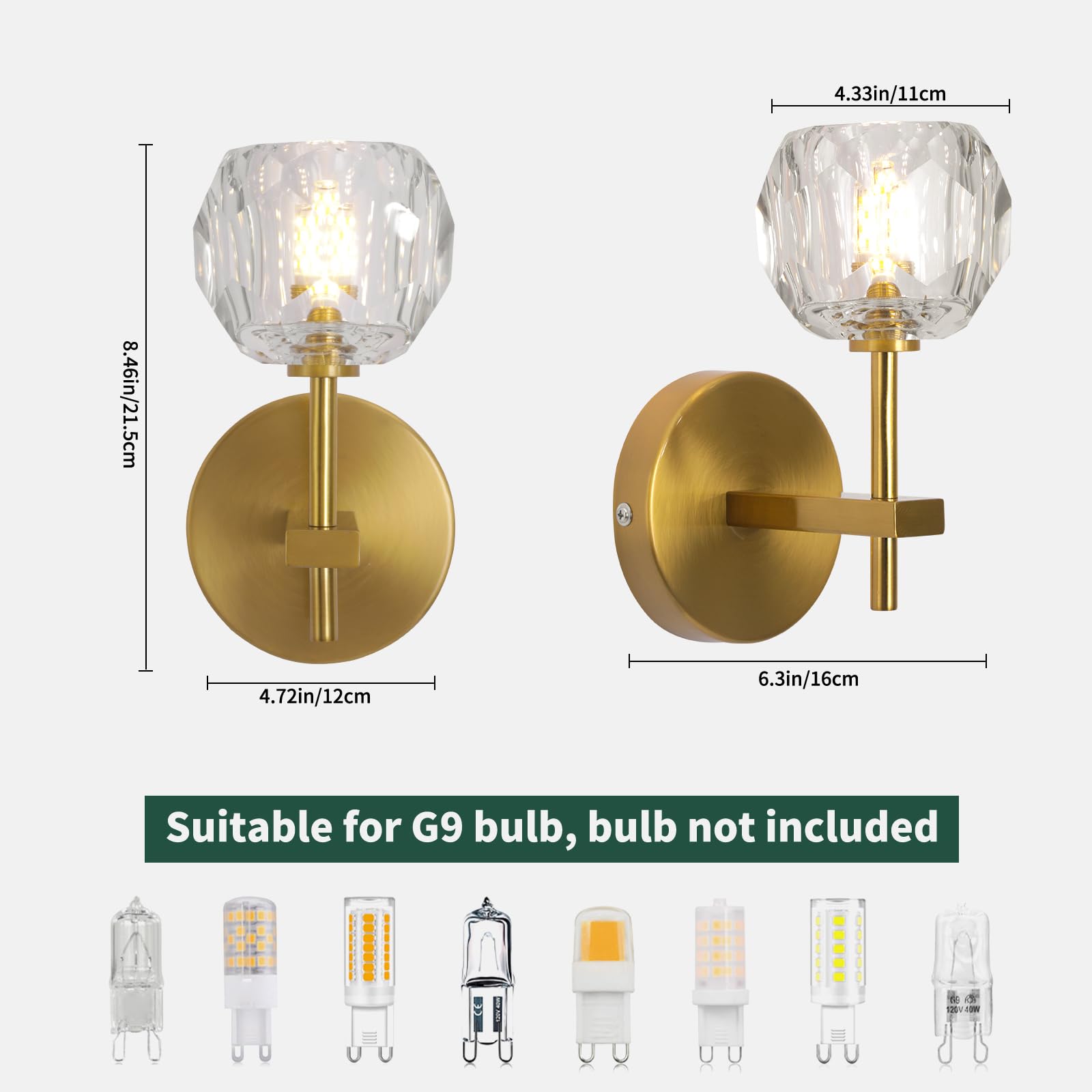 Hudi Fyier Modern Crystal Wall Sconce, Brushed Brass Wall Light, Crystal Wall Lamp for Bedroom Bathroom, Living Room, Hallway, Entrance - Image 2