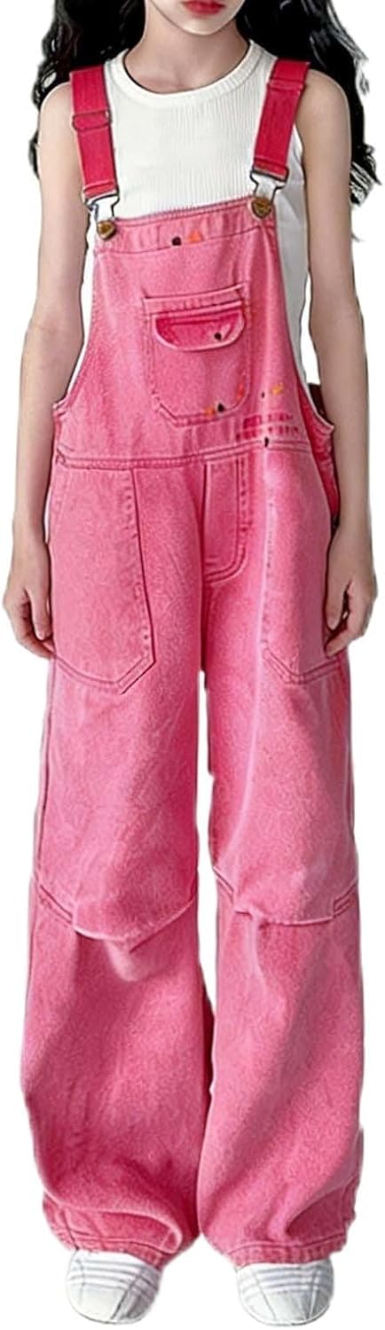 Teen Girls Y2K Denim Overalls Adjustable Strap Streetwear Preppy Jeans Jumpsuit Kids Trendy Workwear Bib Overall