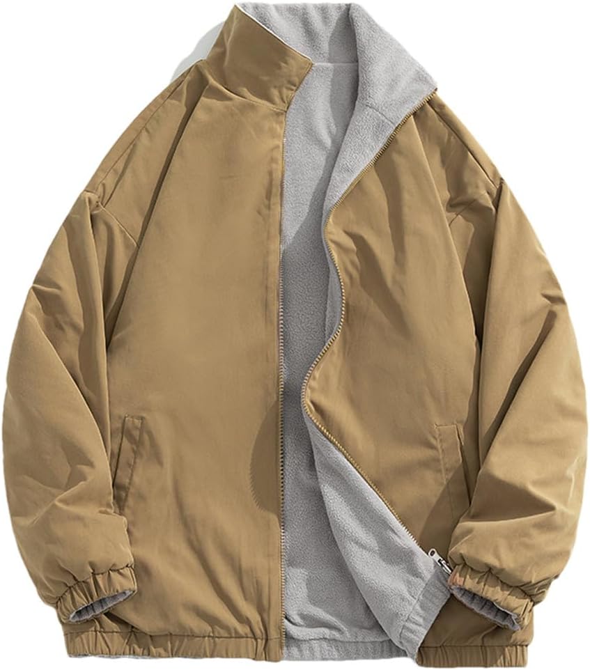 [Lmtossey] メンズ両面ジャケットカジュアルスタンドカラーメンズ秋と冬暖かい服ジッパーフリースジャケット