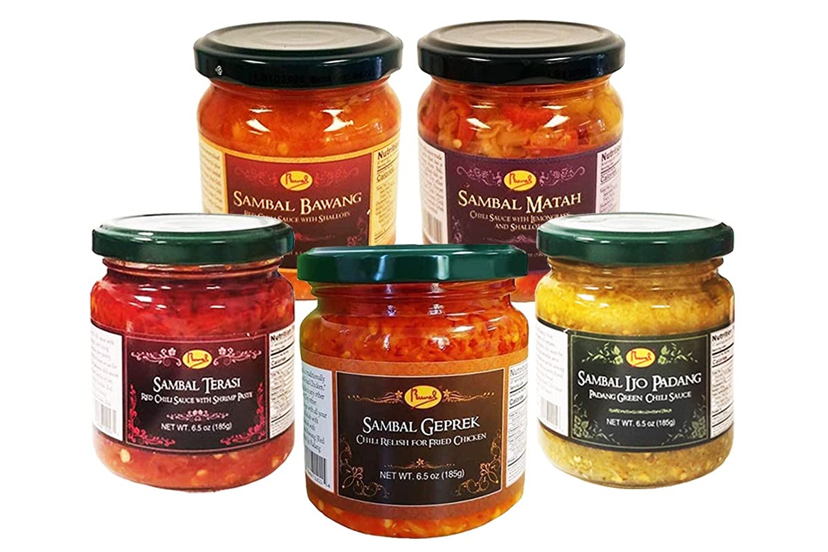 Runel Sambal Combo: 1 Sambal Geprek (Chili Relish for Fried Chicken), 1 Sambal Bawang (Red Chili Sauce with Shallot), 1 Sambal Ijo Padang (Padang Green Chilli Sauce),1 Sambal matah (Chilli Sauce with Lemongrass and shallot),1 Sambal Terasi (Red Chilli Sauce with Shrimp Paste) - 185g (6.5oz)