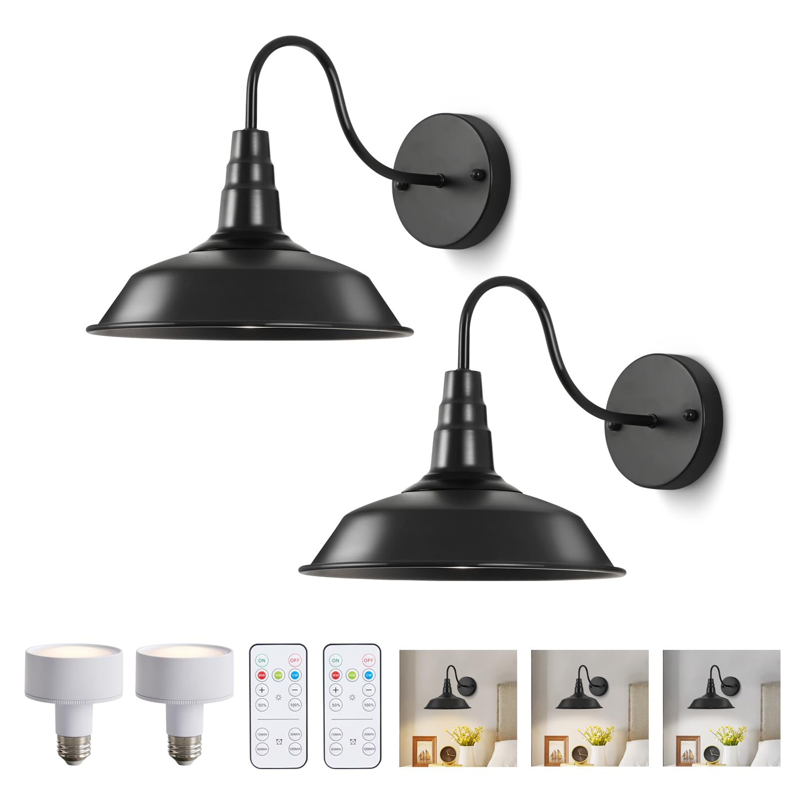Black Magnetic Gooseneck Cordless Battery Operated Wall Sconces Set of 2, Dimmable Battery Powered Wall Decor Lamp, Wireless Wall Light Lamp with Remote Control for Bedroom Living Room