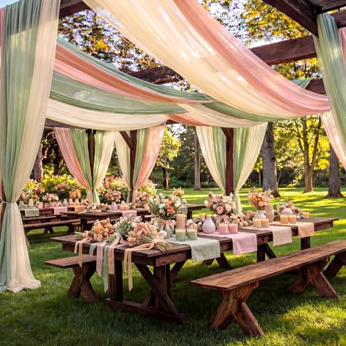 Image of Pink Sage Green Party Decoration Draping Fabric 3 Panels 2.46 x 20ft Sheer Chiffon Backdrop in Pink, Green, and Champagne for Wedding Arch Ceremony, Birthday, Bridal Shower Party Decoration