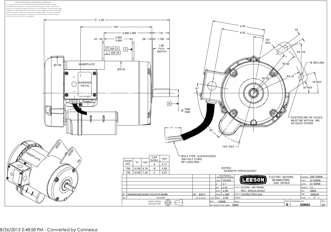 Leeson Contractor Power Saw Electric Motor - 3 HP, 3,600 RPM, 230 Volts, Single  Phase, Model Number 120728: Electric Fan Motors: Amazon.com: Tools & Home  Improvement