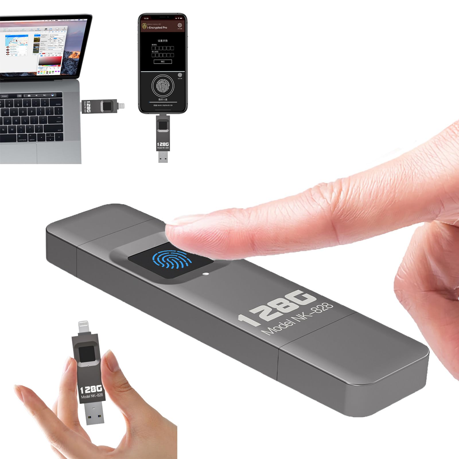 Cle USB Fingerprint 128GO, Memoria USB con Huella Dactilar Cifrada, para Teléfonos Móviles, Ordenadores, Pc Y Portátiles, Admite 60 Huellas Dactilares