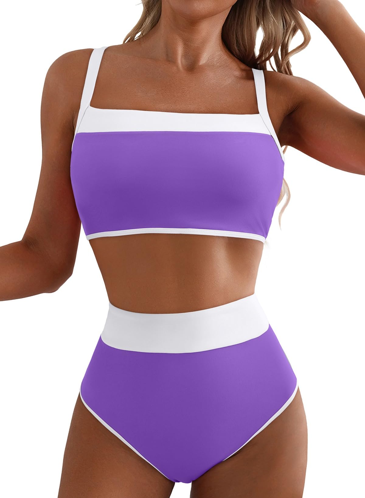Herseas Women's Two Tone Patchwork Bikini Sets U Neck Swimsuit High Waisted Bathing Suit