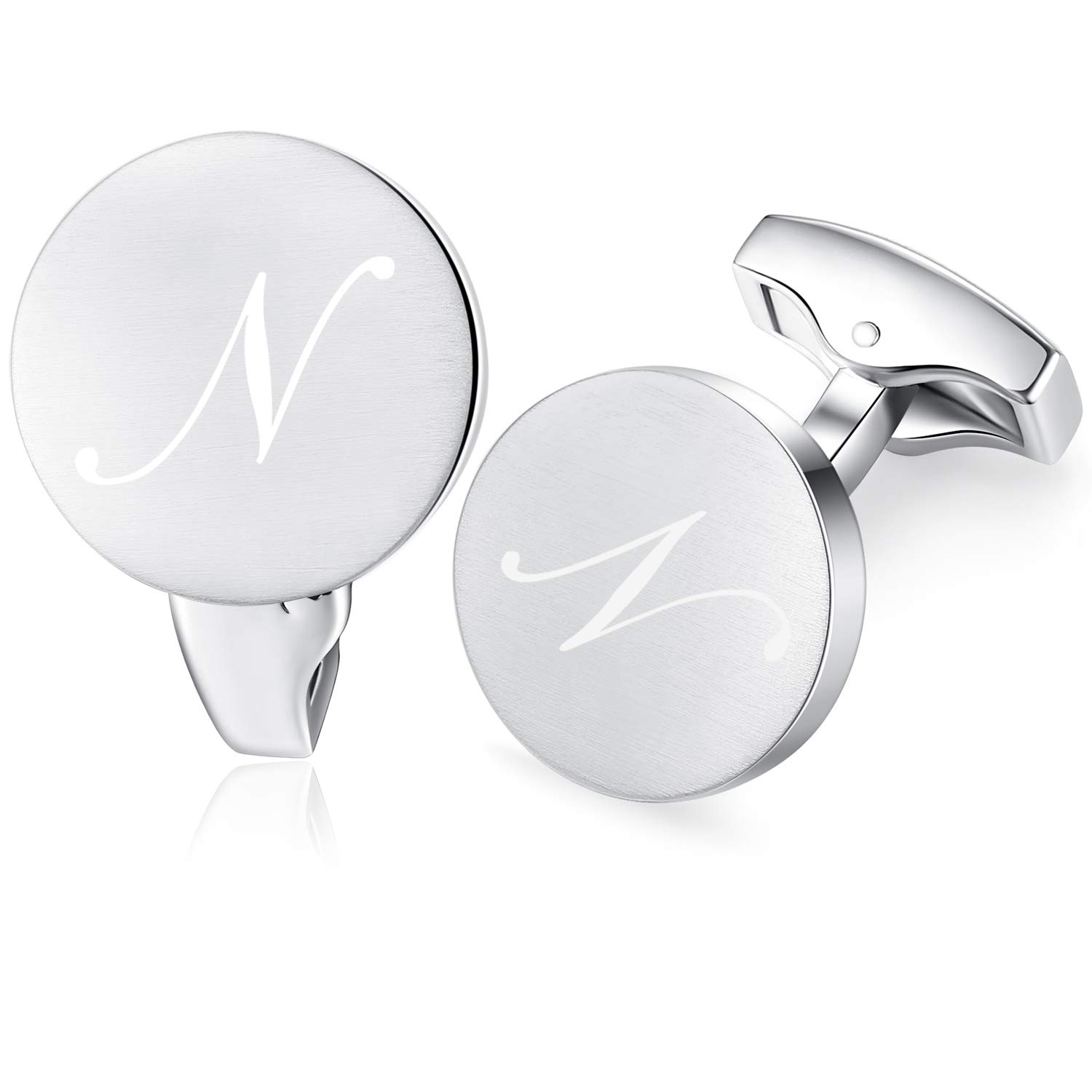 Honey Bear Men's Silver Initial Alphabet Letter Cufflinks For Round Shape Stainless Steel Wedding Business Gifts A - Z (N)