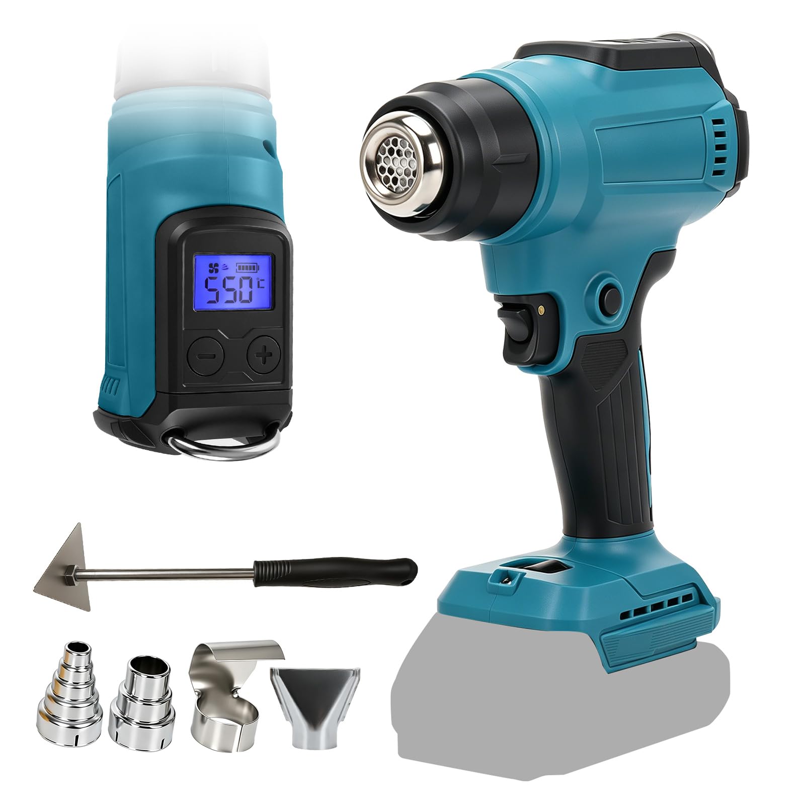 Cordless Heat Gun Compatible with MAKITA 18V with 4 Nozzles 1 Scraper, 300W 550°C Heat Gun with LED Screen for Crafts, Heat Shrink Tubing, Resin and Decorating (Blue for MK)