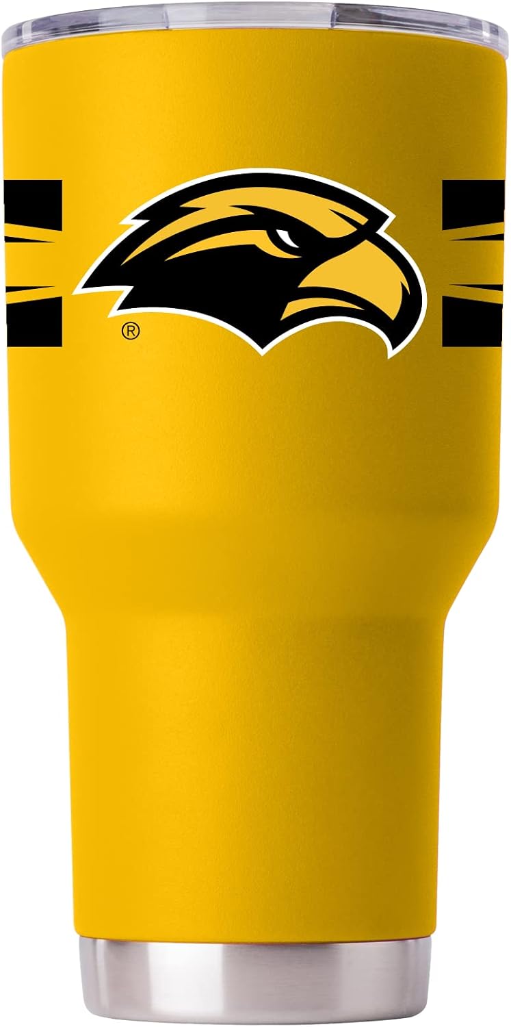 Gametime Sidekicks Southern Mississippi 30oz Yellow Tumbler - Officially Licensed, 18/8 Stainless Steel, Double-walled, Vacuum-insulated, UV LED Printed Logos, Sweatless, Stays Hot/Cold - 360 Wrap