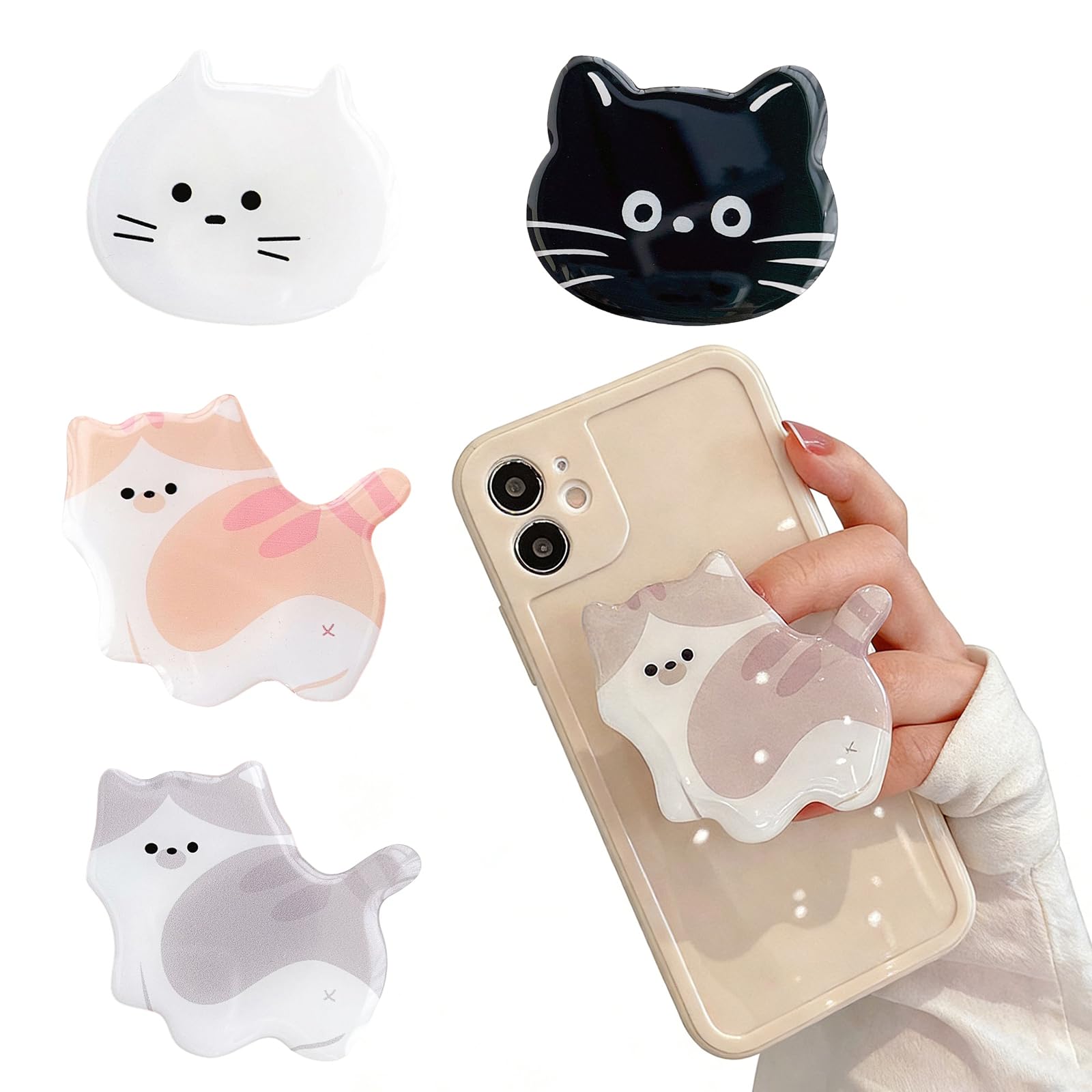 4 Pezzi Porta Cellulare da dito, Impugnatura Smartphone, Gattino di Cartone Animato Supporto di alta Qualità, Pieghevoli, Presa Sicura, Base e Impugnatura Estensibili per Smartphone e tablet