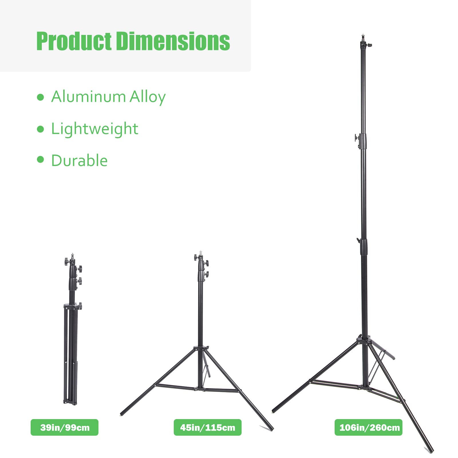 Supporto per luce fotografica da 260 cm con ruote girevoli, supporto leggero imbottito ad aria resistente con perno da 1/4" e 3/8" in acciaio inox per luce video da studio, stroboscopio