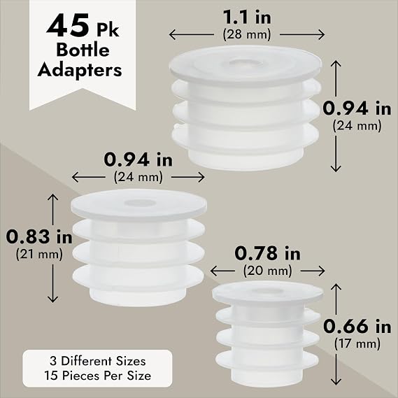 Juvale Medicine Bottle Adapter for Syringe - 45 Pack, 17/21/24 mm, Clear Polypropylene - Press-In Bottle Adapter for Oral Syringes - For Pediatric & Veterinary Dosing
