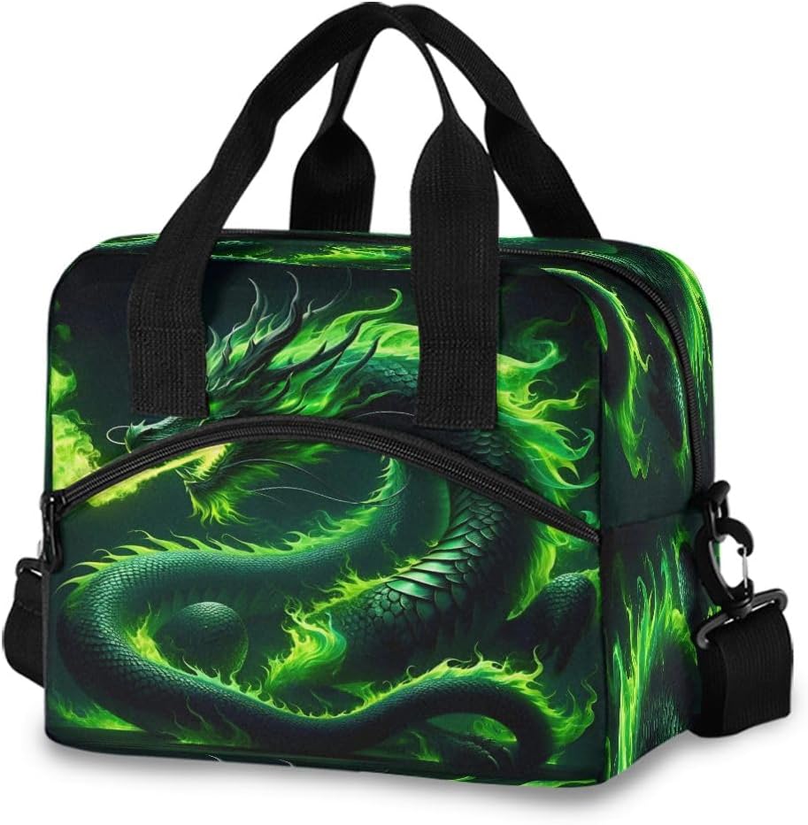 Lunch Bag for Kids Green Fire Dragon Cooler Lunch Box Large Capacity Lunch Organizer for Boys Girls