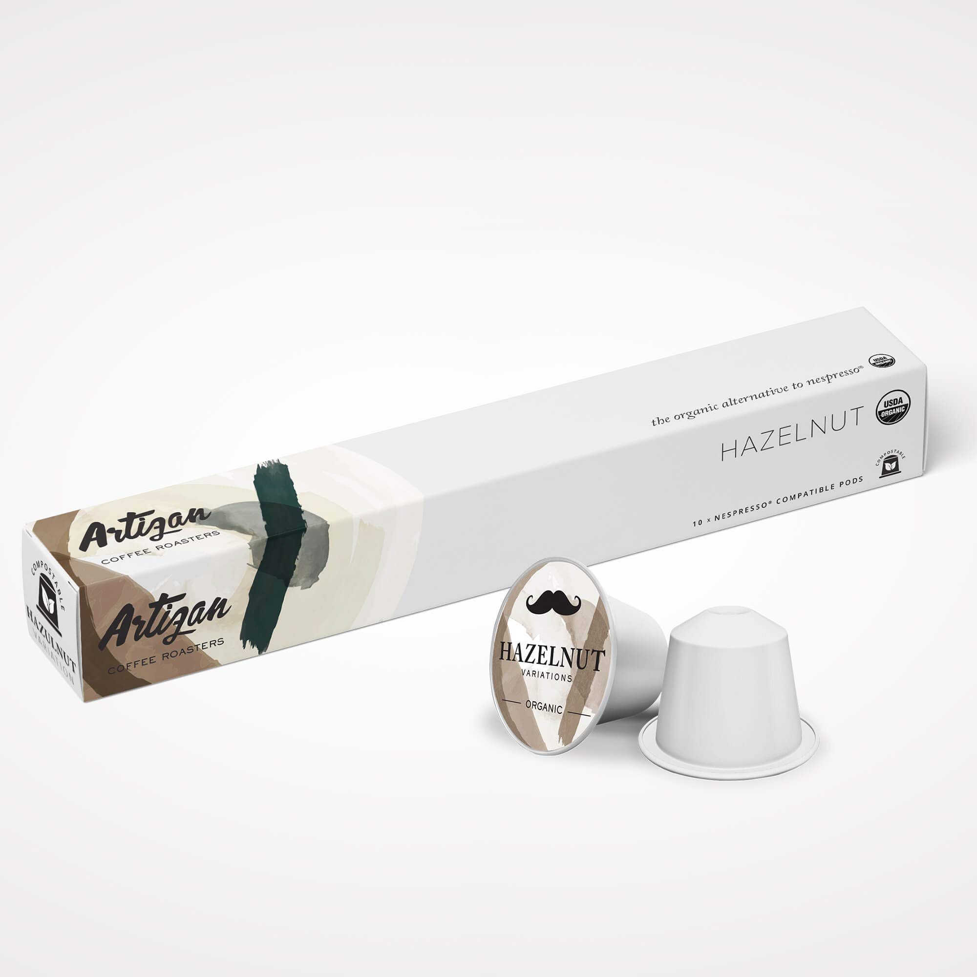 Artizan Coffee USDA Organic Espresso Coffee Capsules For Nespresso Original | Hazelnut Flavored | 10 Compatible Compostable Pods