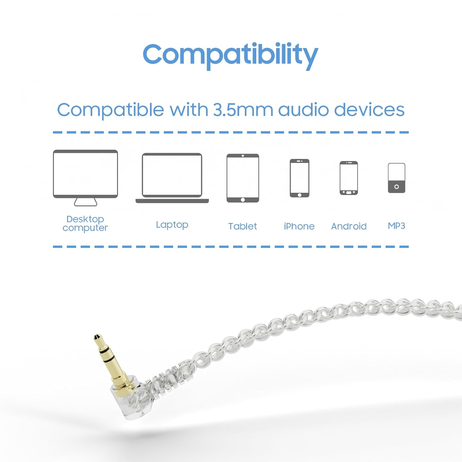 BASN IEM Earphone Cable,1.5m Wired Detachable MMCX Connector in Ear Monitor Cable for BASN Bsinger, Bmaster, MMCX Series (SC100-MMCX-White)