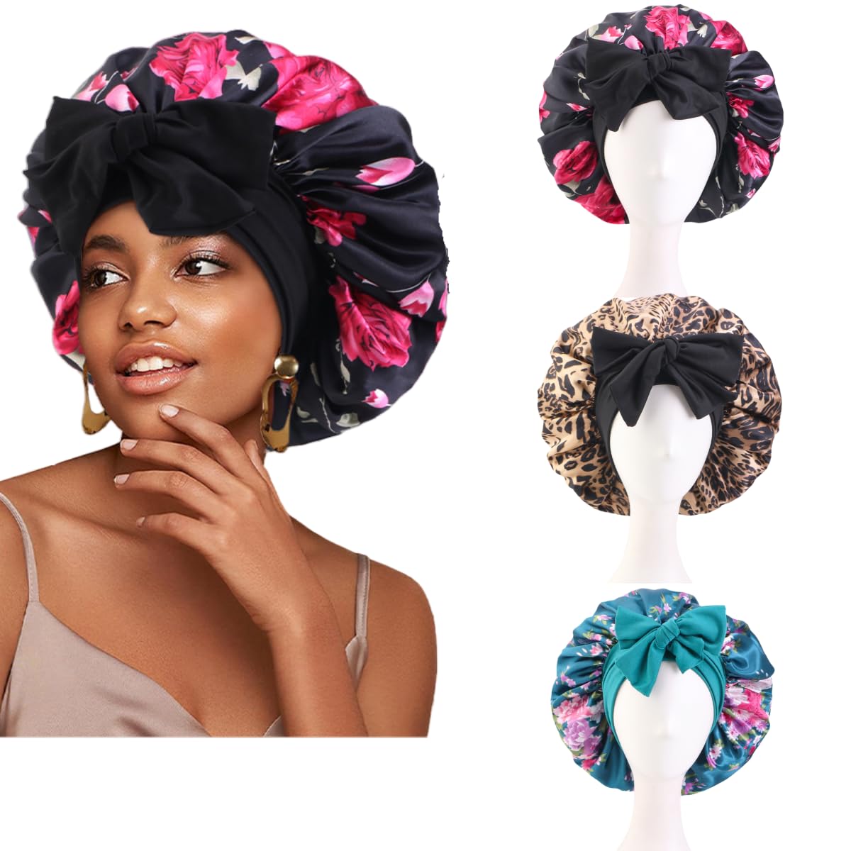 LUVEEVA Double-Layer Satin Hair Bonnet, Adjustable Sleep Cap with Elastic Band, Hair Protection for All Hair Types