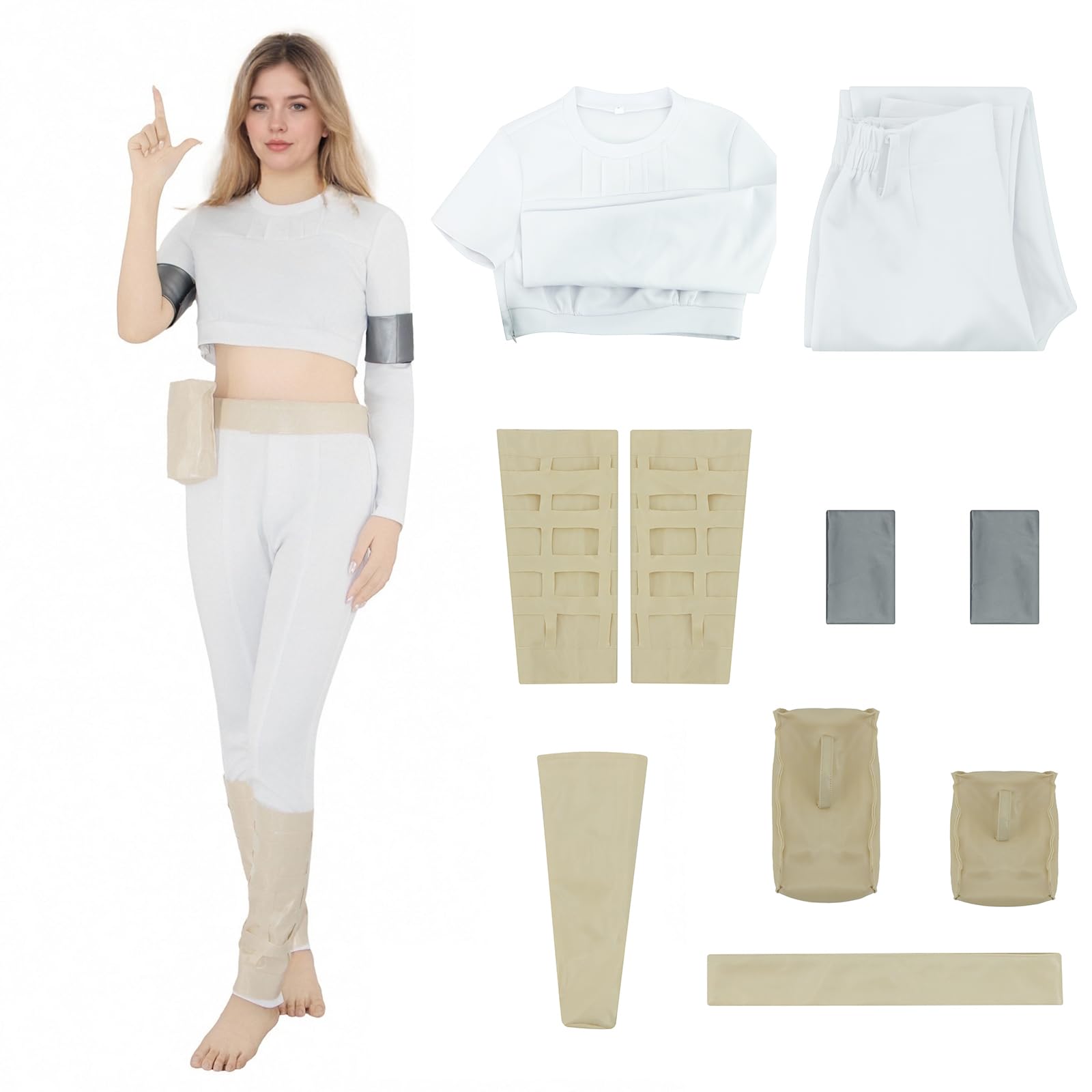 Voslett Women Padme Costume Padmé Amidala White Suit Belt Holster Halloween Carnival Space Themed Party Queen Outfit XS