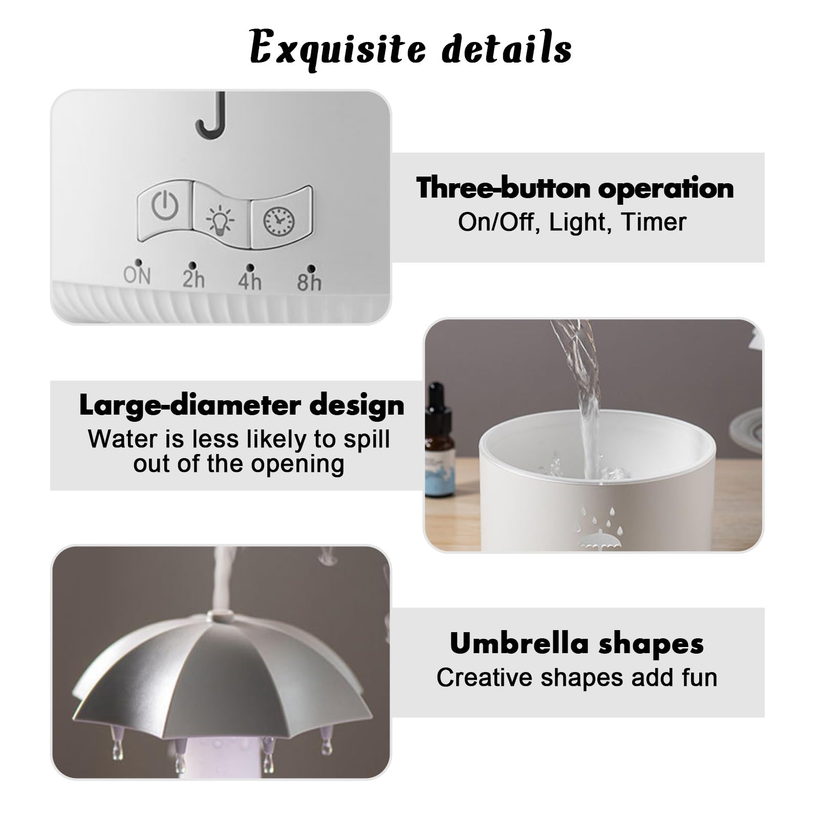 Umidificatore per camera da letto, Umidificatore a forma di goccia con luce colorata per oli essenziali, bianco
