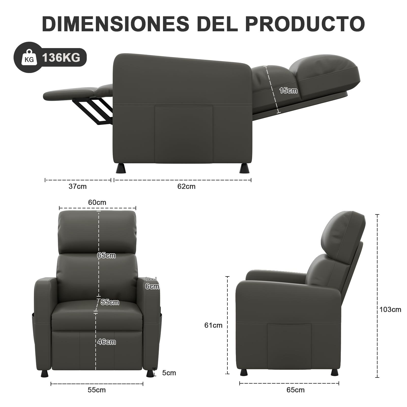 Devoko Sillón Relax Reclinable Eléctrica, Ergonómica Reclinable 90°-165° en Piel PU, Silla Reclinable con Respaldo y Reposapiés Ajustable, para Ancianos/Salón/Oficina, con Bolsillos Laterales, Negro