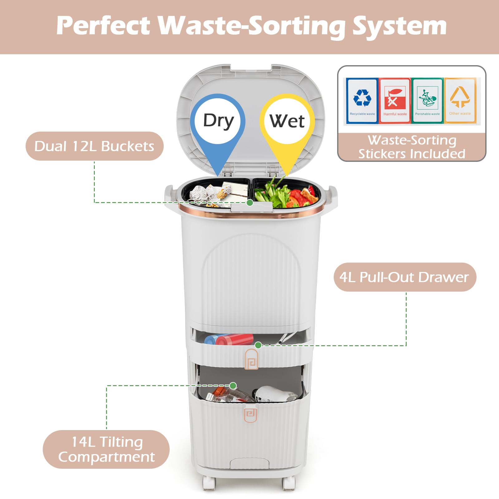 LIFEZEAL 38L / 42L Cubo de basura con ruedas, papelera con 3 compartimentos y tapa, cubo de basura con pedal y asa, contenedor de basura para cocina, sala de estar y oficina (42L, Blanco)