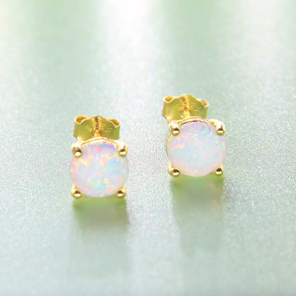 YDYDTTKD Ohrstecker aus 14 Karat Gelbgold gefülltem Sterlingsilber, 3/4/5/6 mm, Feueropal-Edelstein, für Damen und Herren, Farbe Weiß – Blau, Rosa, Grün, Schwarz