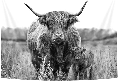 Miniatura 4 de Bzhilja Tapiz de vaca de las tierras altas, divertido tapiz de decoración de pared de toro gris occidental, tapiz de granja de campo para colgar en