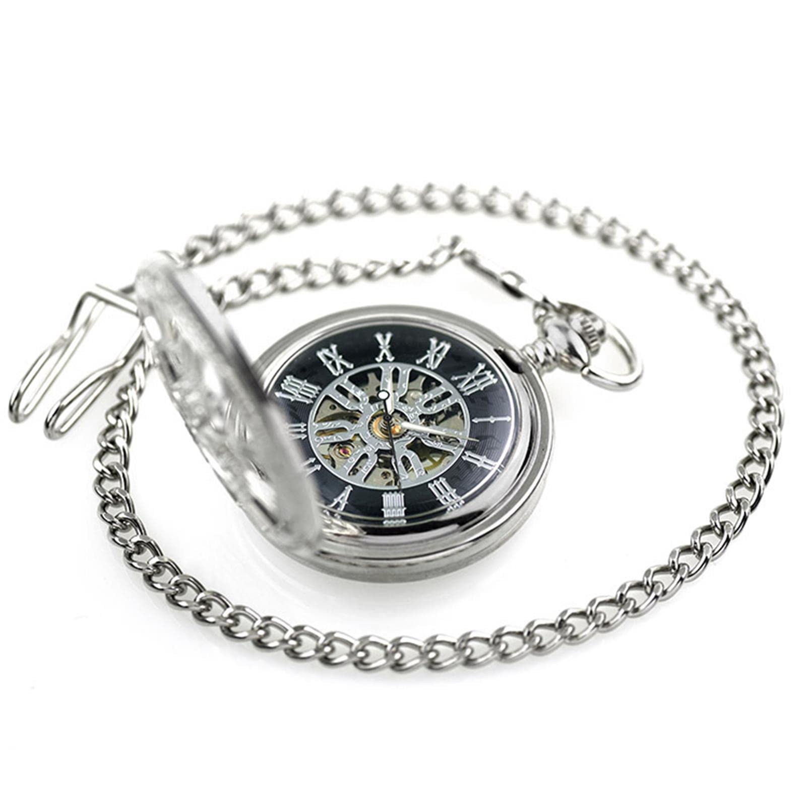 Mode Retro Taschenuhr Herrentaschenuhr, Antike Skelett mechanische Männer Steampunk mechanische Fob Uhren Uhr Anhänger Handaufzug(Silver)