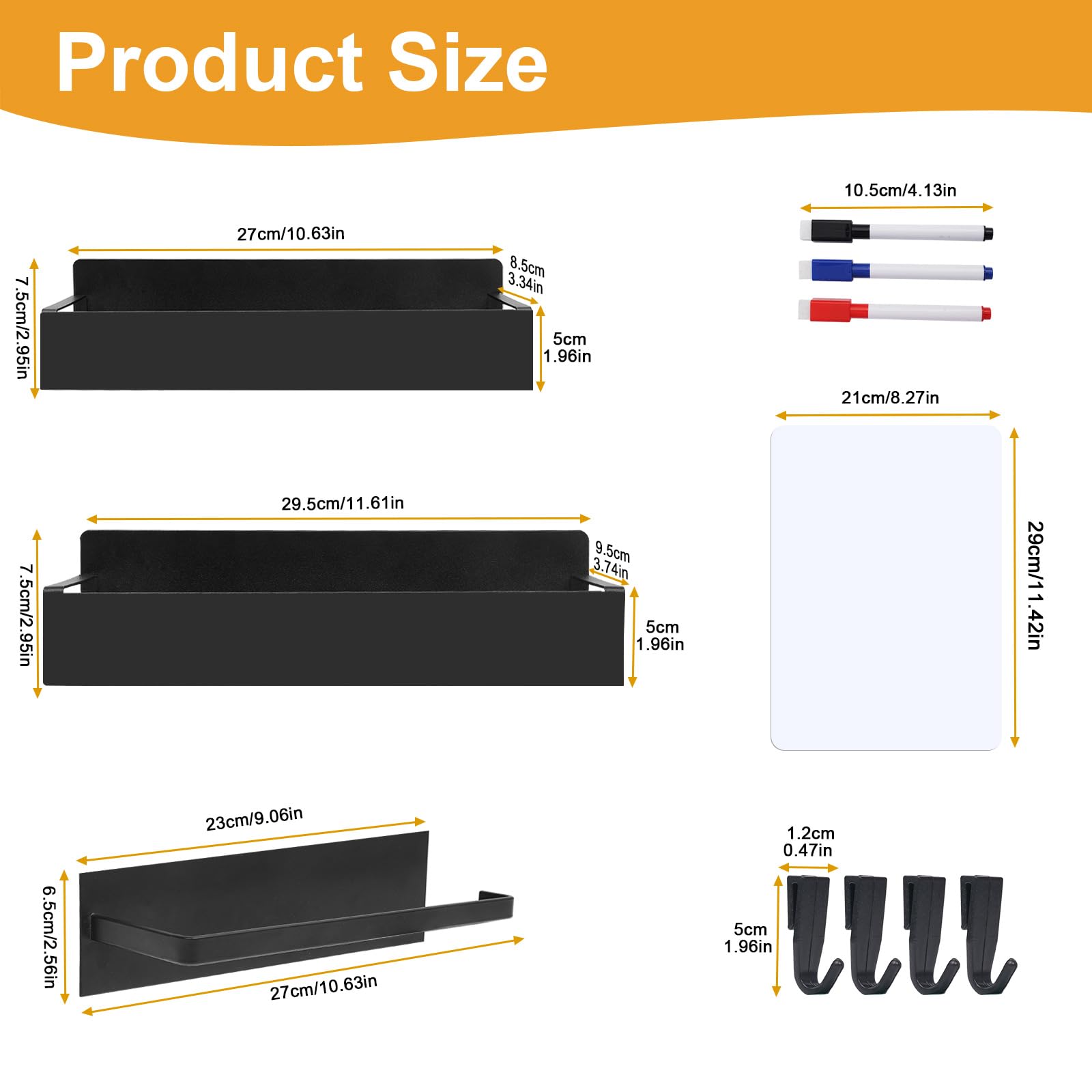 Paquete de 4 estantes magnéticos para especias para refrigerador, estante magnético de metal negro con soporte para toallas de papel, pizarra blanca, 3 marcadores, 4 ganchos, ahorro de 6