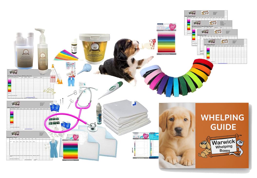 Warwick Whelping Boxes Premium Whelping Kit Inc Puppy Milk, Mucus remover, Clamps, Iodine, Liquid Calcium, Nutri-Whelp & Whelping ID Collars - Whelping Guides - Printed Forms