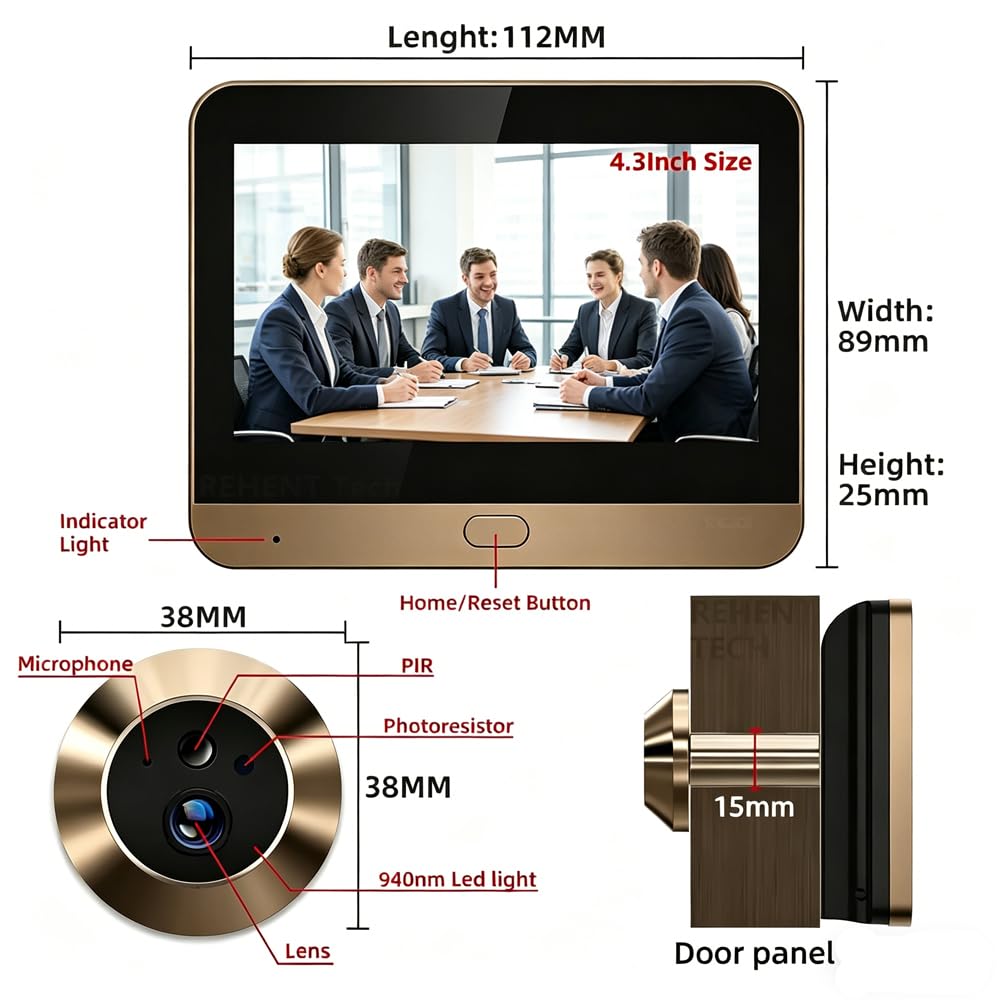 DG3 Spioncino Digitale a Batteria 1296P con MicroSD da 32GB, Video Spioncino Senza Fili con Schermo a Colori da 4,3",Grandangolare 140°,5000 mAh, WiFi 2.4 GHz, Senza Altoparlante,Rilevamento Movimento