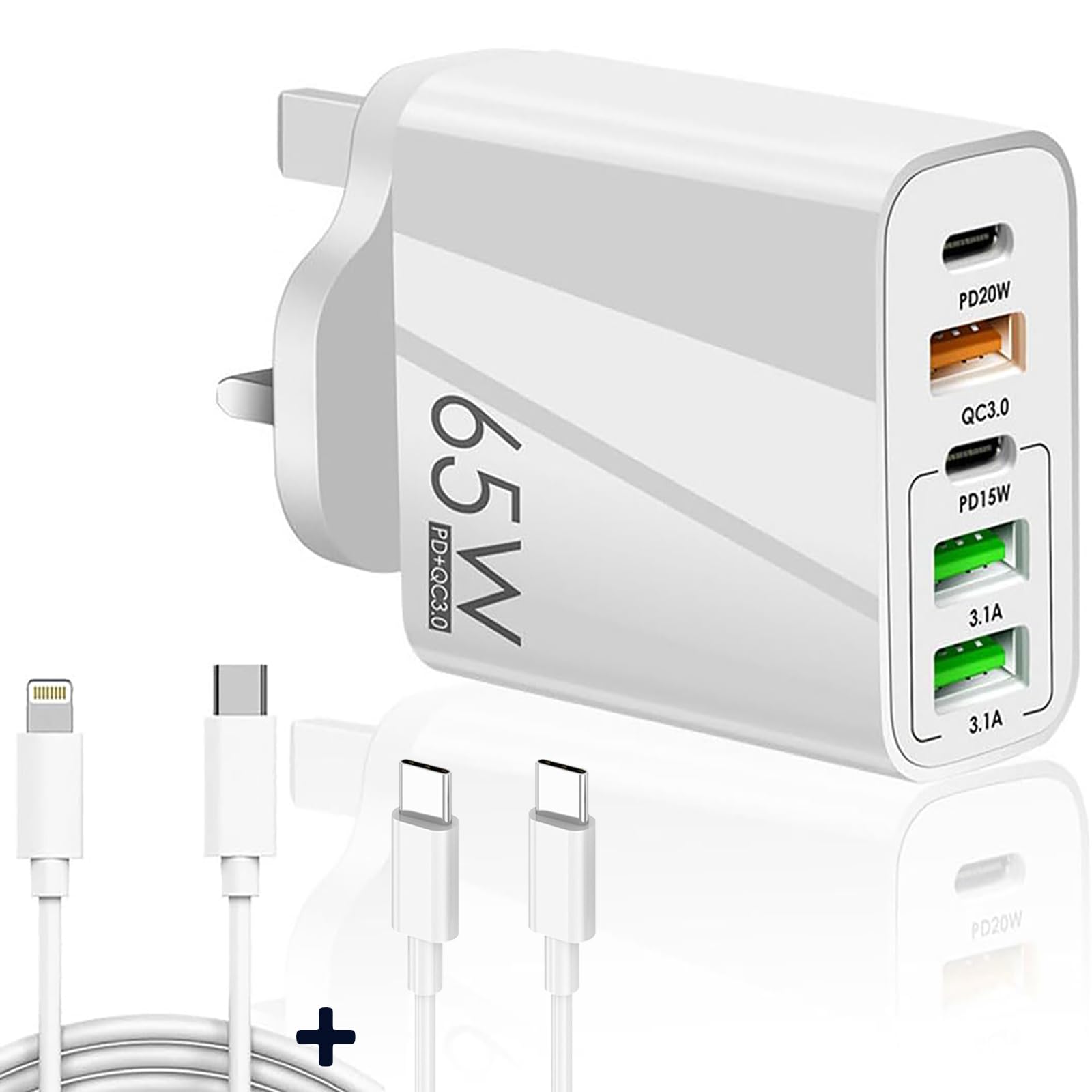 DHB Tech 65W 5-Port USB C Wall Charger, Fast PD Plug With Quick Charge 3, Compatible With Smartphones, Tablets and More (White)