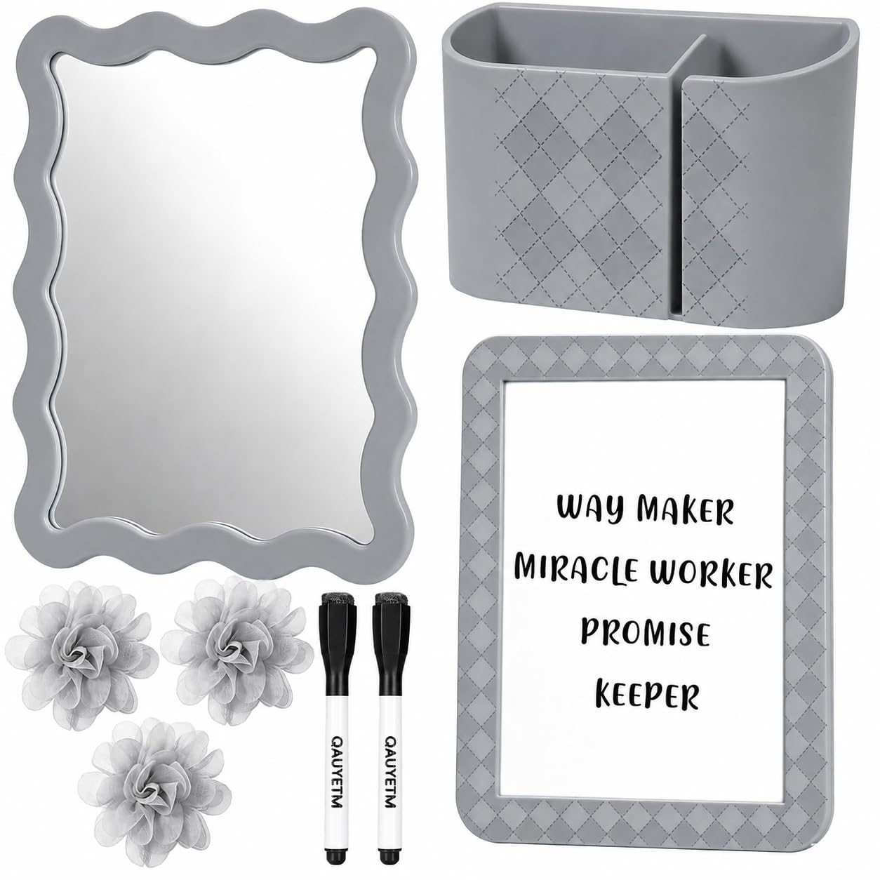 8 PCS Gray Locker Accessories Kit for Girls with Magnetic Mirror Whiteboard Pen Holder Flower Magnets Cute Aesthetic Locker Decoration Set for School Dorm Office Organization