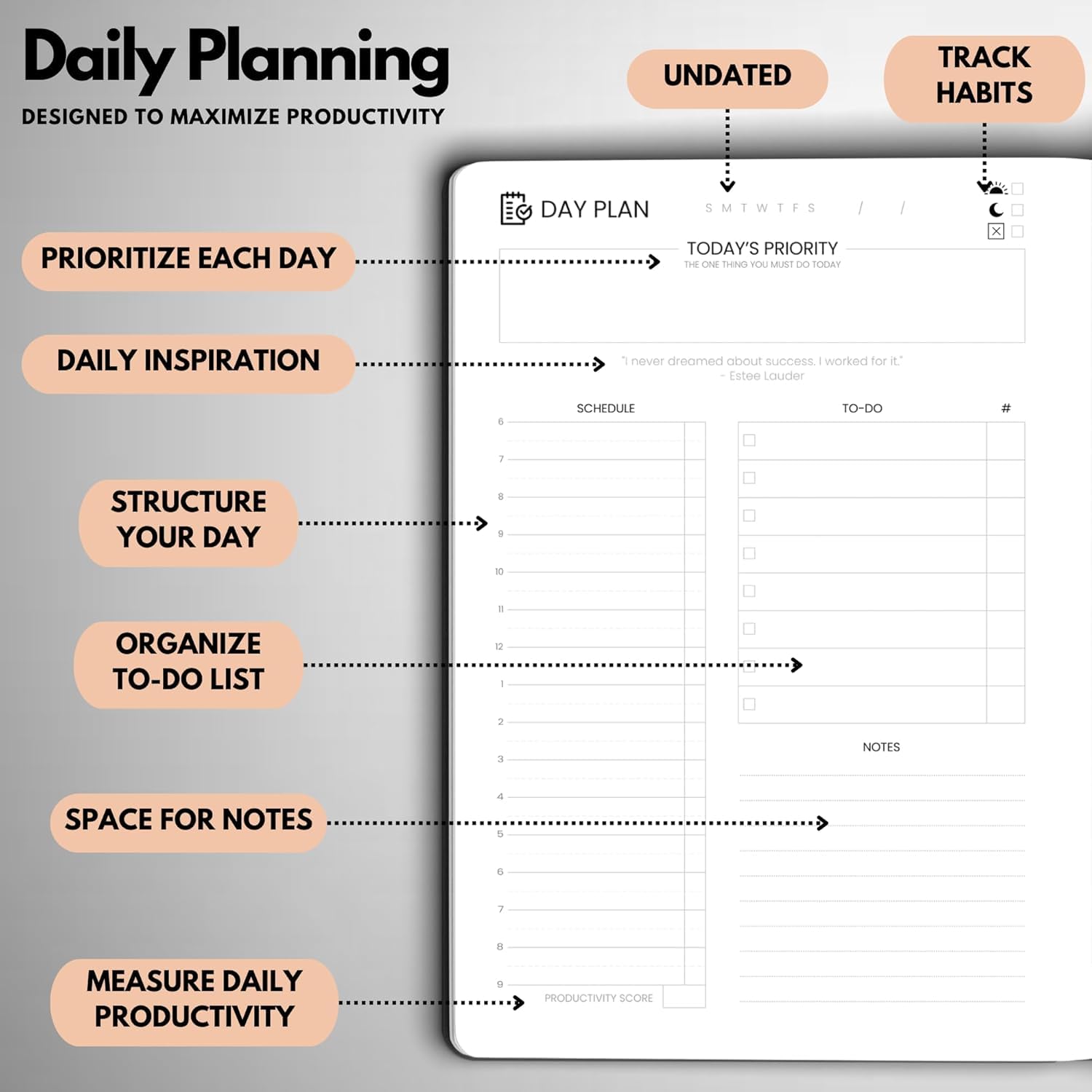 Wyze Planner Agenda giornaliera non datata, organizer per la produttività di 3 mesi, formato A5, con pagina intera al giorno, programma orario, impostazione obiettivi, tracker abitudini, pagine