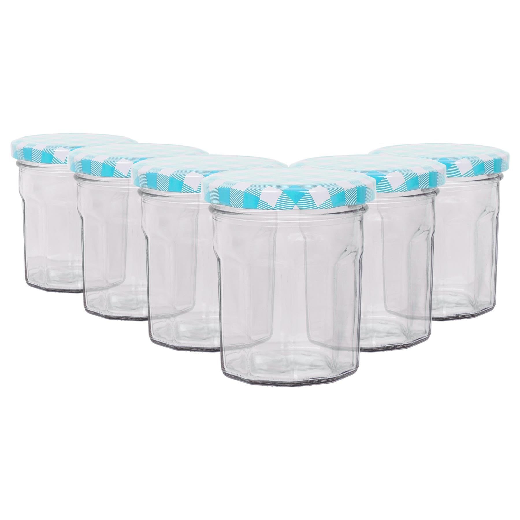 Argon Tableware Glass Jam Jars with Blue Gingham Lids - 150ml - Pack of 6