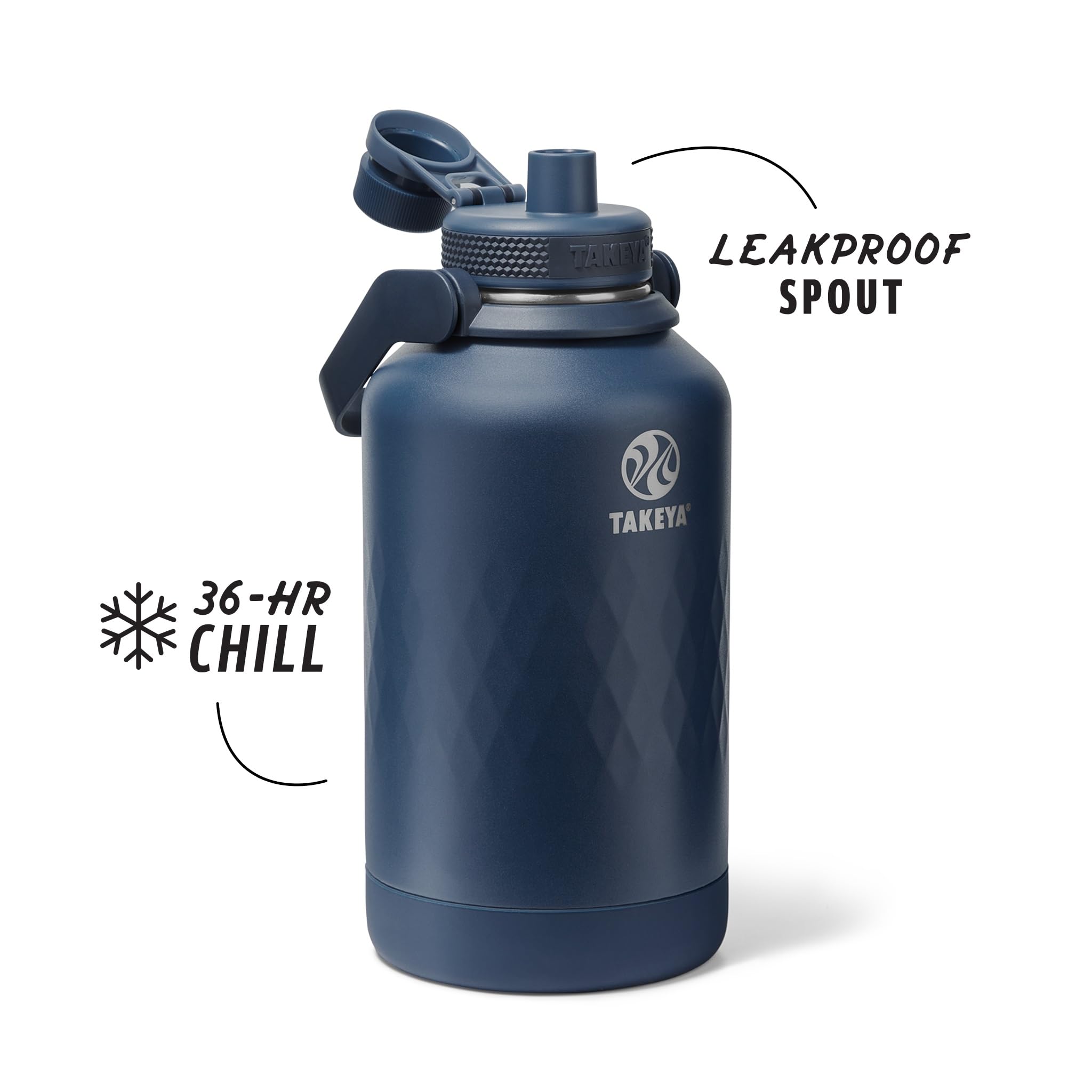 Takeya Sport-Wasserflasche mit Auslaufdeckel und Eisblocker (1,8 l, Indigo), dreiwandig, auslaufsicher, Edelstahl-Wasserflasche für Fitnessstudio und Outdoor