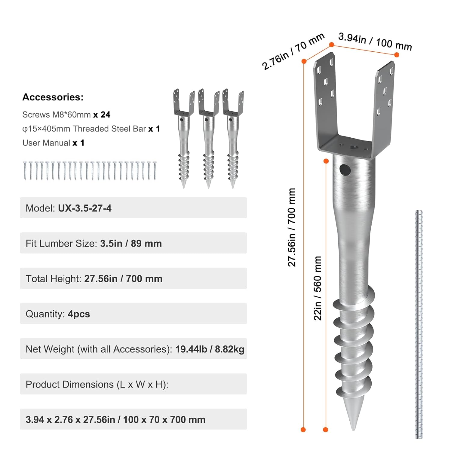 VEVOR Ground Screw, No Dig Ground Anchor 4 Pack 3.94 x 2.76 x 27.56 in DIY Screw in Stake, Includes 6 Lag Bolts & a Rebar, U-Shape Heavy Duty Steel Post Holder, Great for Mailbox and Fence Posts - Image 7