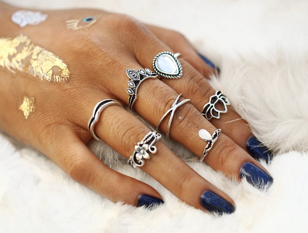 Set of 7 Boho Midi Finger Ring (Oxidised)