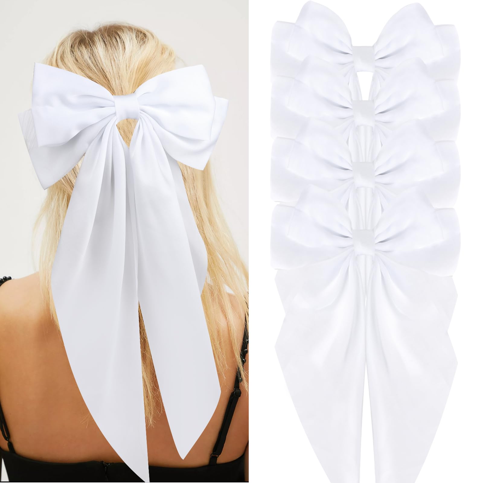 Wecoe 4pcs White Satin Large Hair Clips, Barrettes & Accessories - Cute Big Bows for Women - Bride, Wedding, Bachelor Party Gift