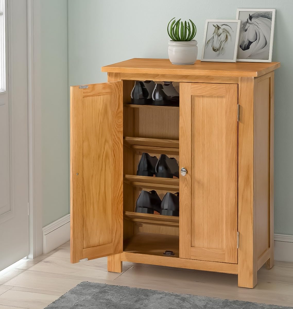 Hallowood Furniture Waverly Oak Shoe Storage Cabinet with 3 Slanted and 1 Top Flat Shelf, Solid Oak Cupboard, 2-Door Slim Shoe Cabinet Fits 15 Pairs Adult Footwear, Hallway Furniture