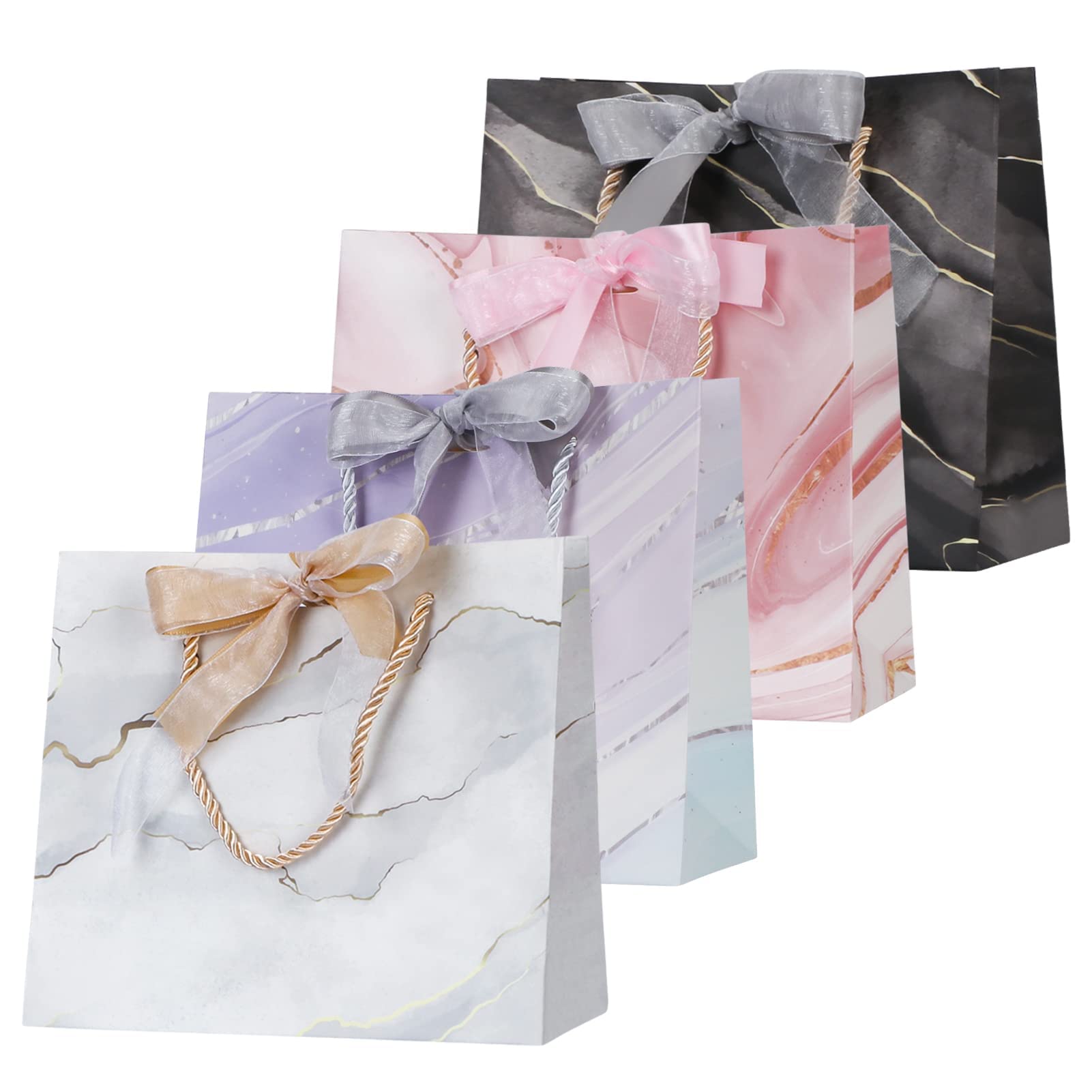 NALACALGift Bags, (4 Pack) 8.6" x7.8" x 3.9" Marble Gift Bag, with Ribbon Bow, Thick Paper Bag, Waterproof Paper Gift Bag, for Wedding, Birthday Parties, Baby Showers, Bridal Showers