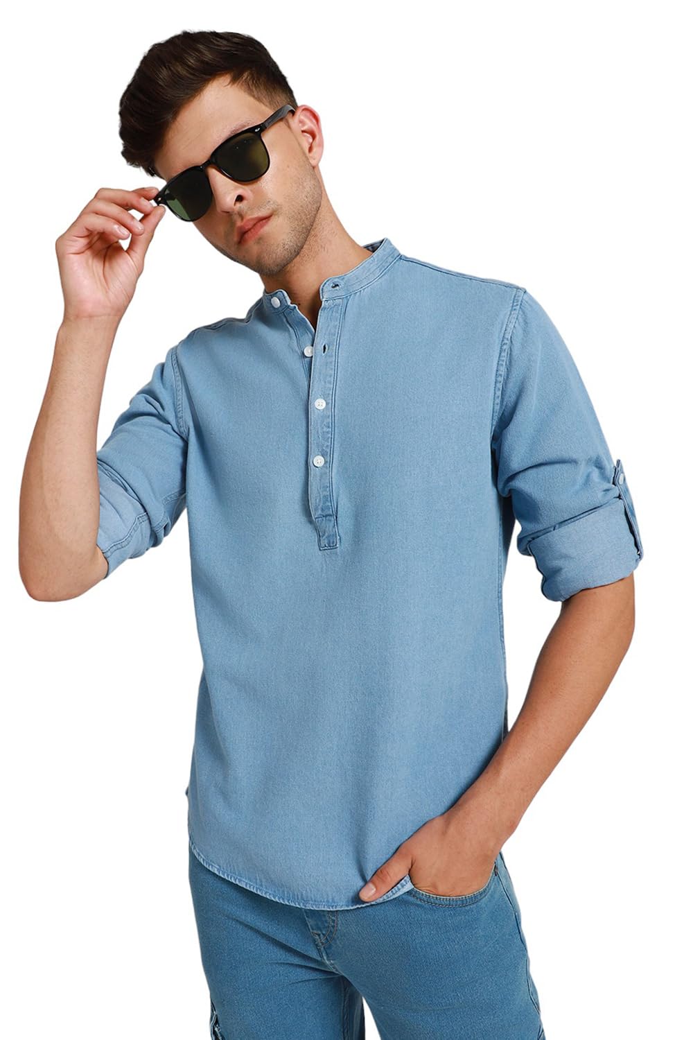 Dennis LingoMen's Cotton Washed Slim Fit Pop Over Mandarin Collar Denim Shirt