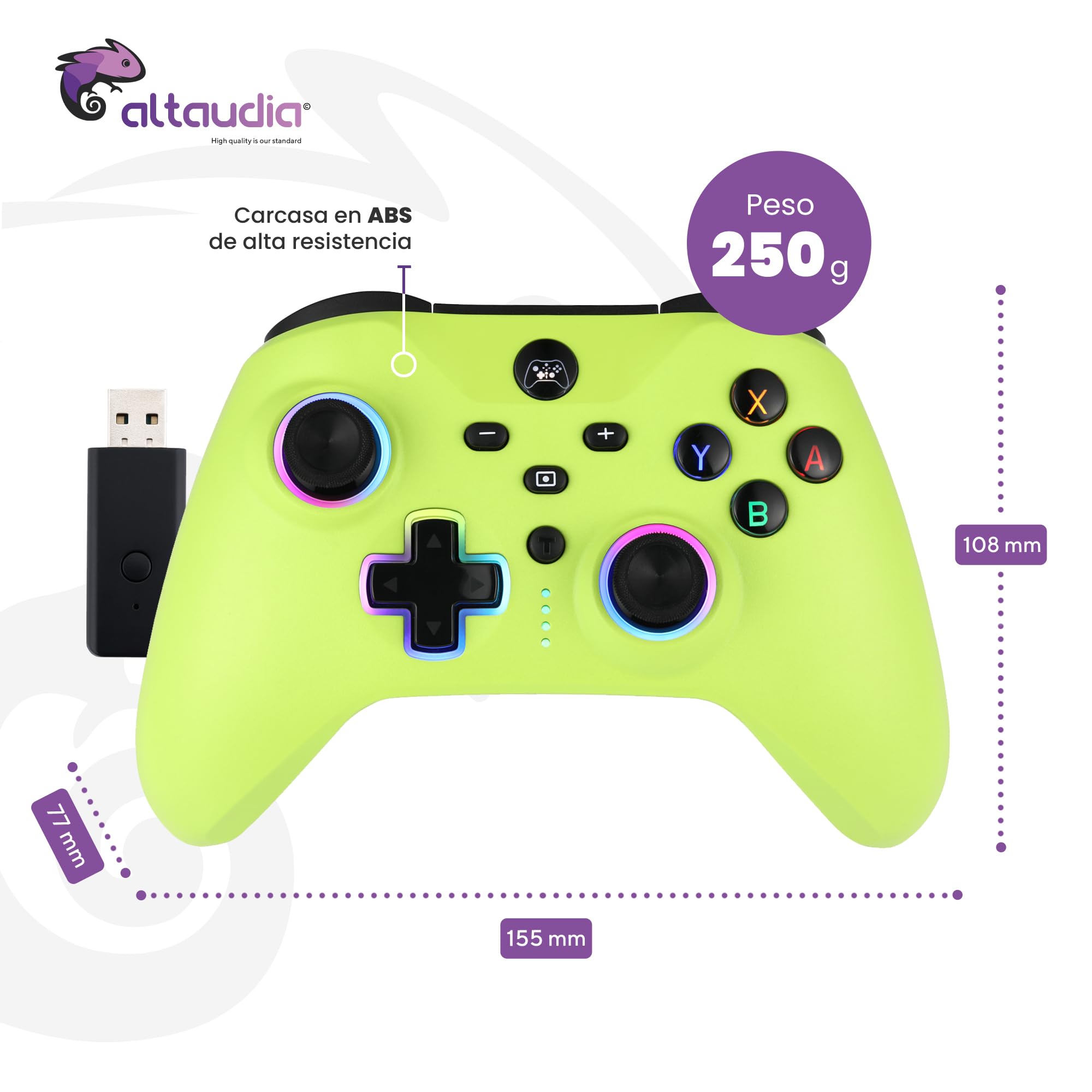 Altaudia Mando Inalámbrico Bluetooth para PC - Compatible con PC, Switch/Smartphone Android y iOS, Conexión USB, 2 Botones Macro, Vibración Dual, 6 Ejes, Luces LED RGB, Color Verde