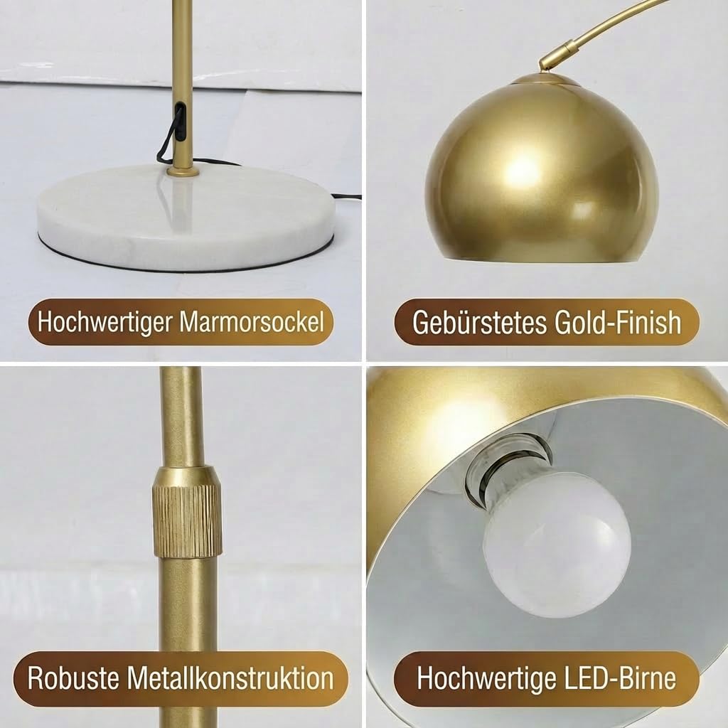 Stehlampe Wohnzimmer Dimmbar Gold, Modern Glockenschirm Design LED Stehleuchte mit Fernbedienung, Timer, 3 Lichtmodi und Speicherfunktion, 175cm Höhenverstellbar Bogenlampe Fußschalter Schlafzimmer