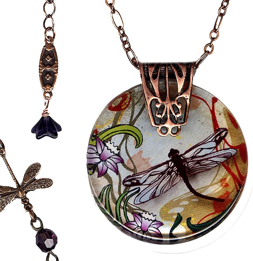 Dragonfly Necklace - Reversible Glass Art Necklace - Nouveau Jardin Collection - Petite Copper Garden Dragonfly