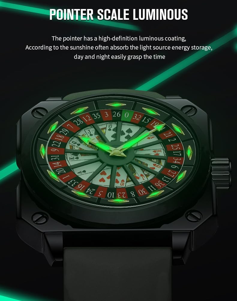 MASTOP Roulette Wheel Men‘s Watches Gambling Rotating Dial Poker Square Silicone Rubber Strap Unique Watch Creative Eye Catching Cool Mens Business Watches